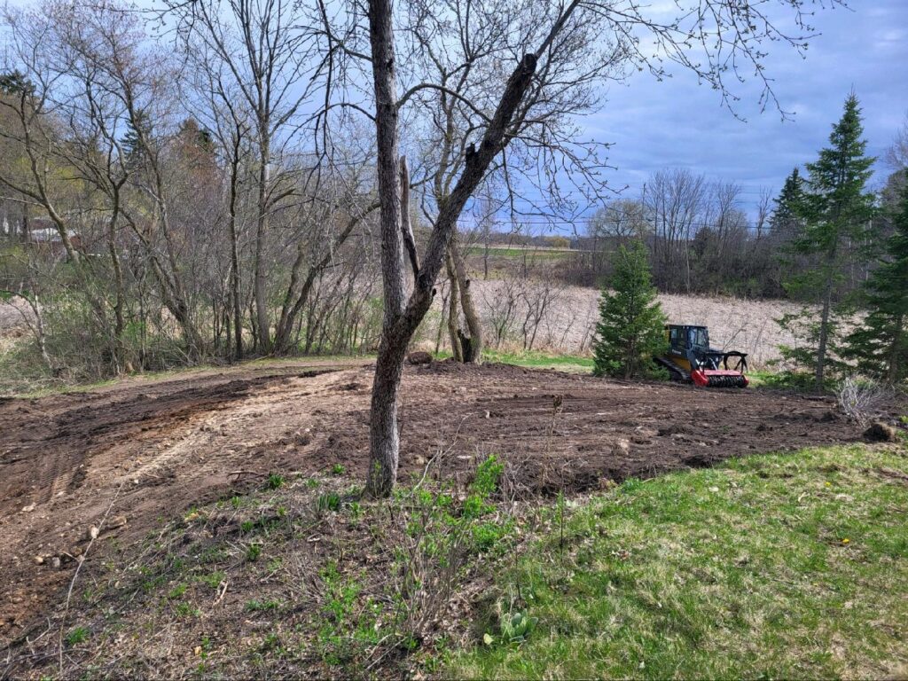 A John Deere skid steer with a forestry mulcher clearing a brush-choked fence row and property boundary in Wisconsin.